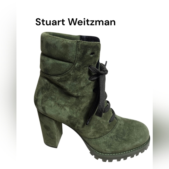 Stuart Weitzman Green Suede Heeled Hiking Boots - Picture 1 of 7